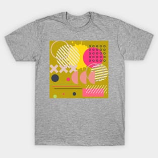 Modern Geometric Pattern Pastel  In Pale Rose, Pink, Lime, Yellow, and Ochre Gold Retro Doodle Style T-Shirt